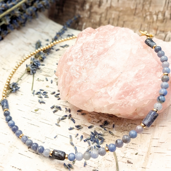 Natural Tanzanite & Gold Ball Beads In Assymetrical Choker/Necklace - Picture 6 of 8